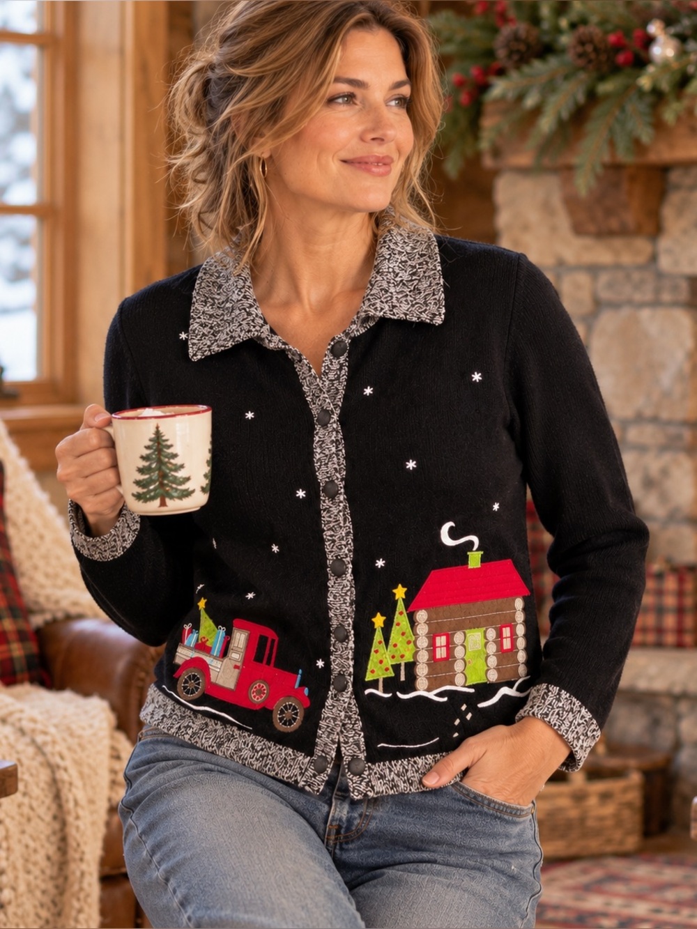 Christopher & Banks Christmas Cabin Truck Embroidered Cardigan Small